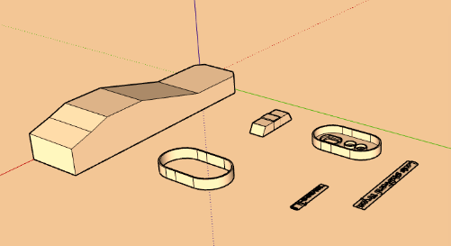 Original SketchUp drawing with a shaped Pinewood Derby body and separate modeled components