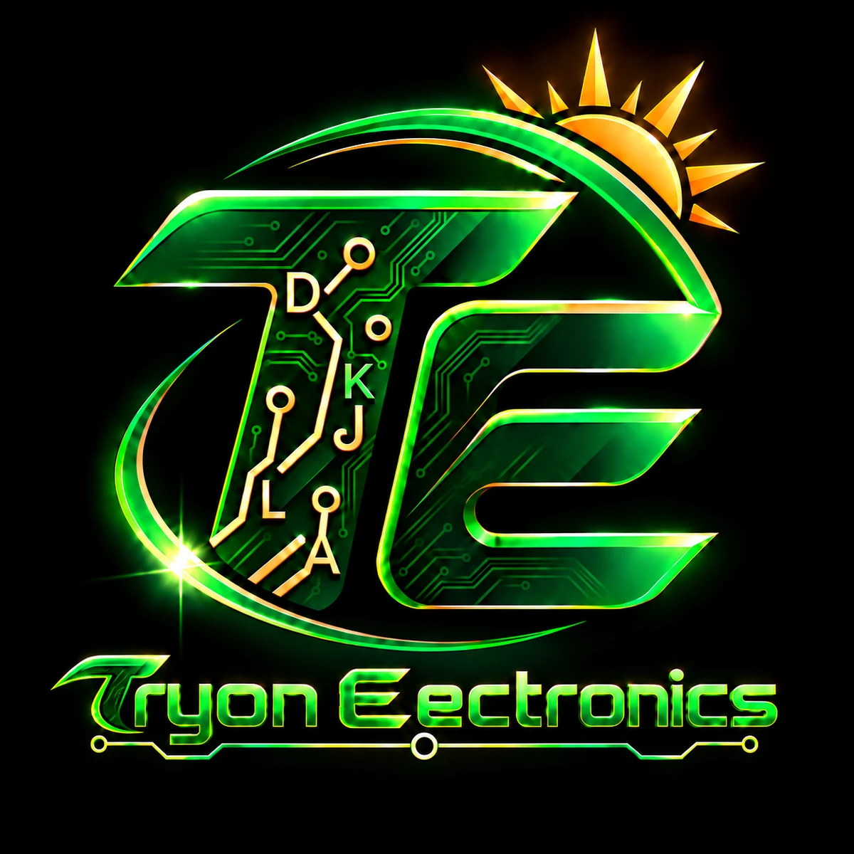 Tryon Electronics logo with circuit board styling and solar motif